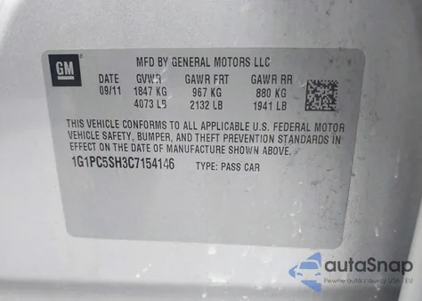 2012 Chevrolet Cruze Ls z USA, uszkodzony, nr VIN 1G1PC5SH3C7154146